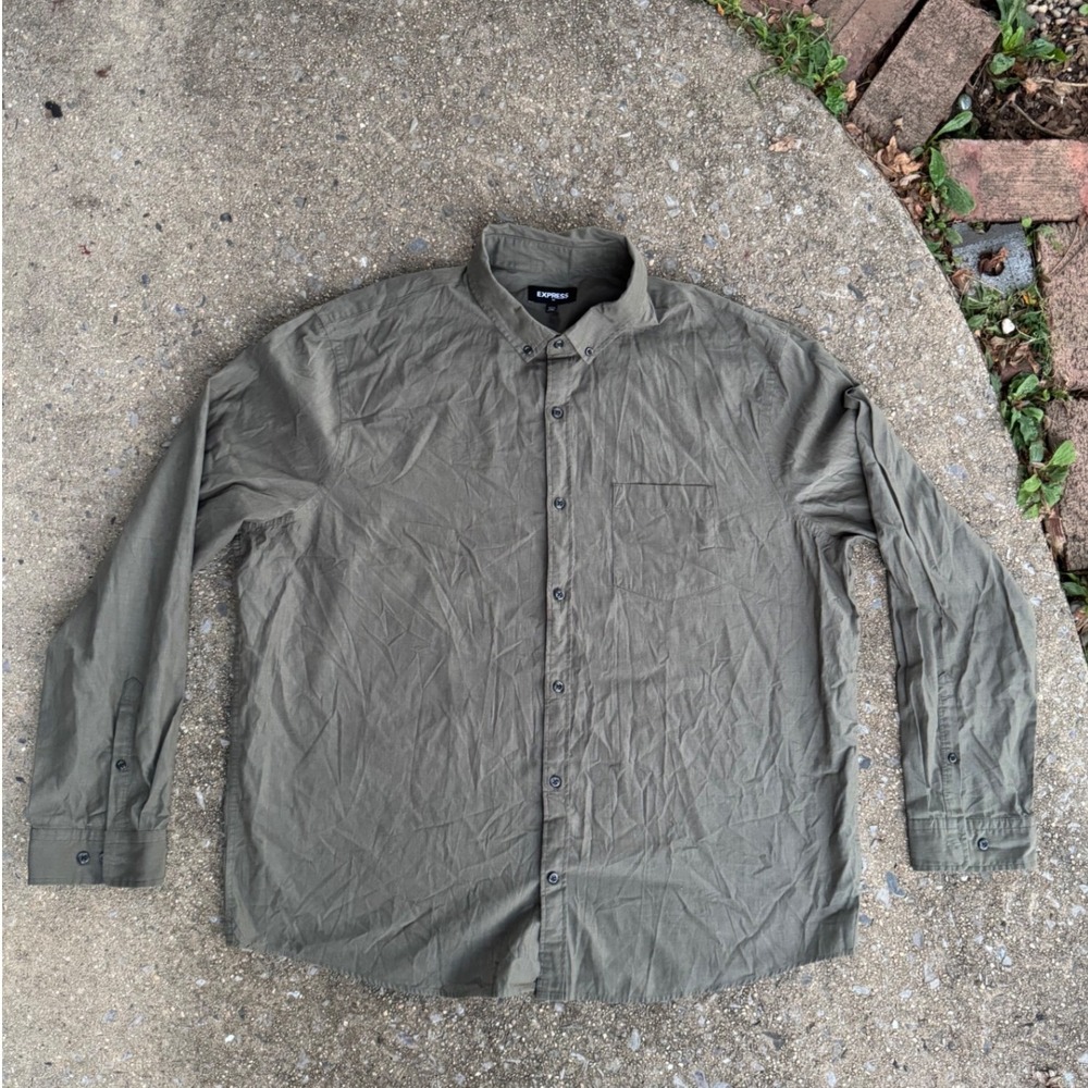 Express Mens XXL Olive Green Long Sleeve Button Down Casual Shirt Pocket